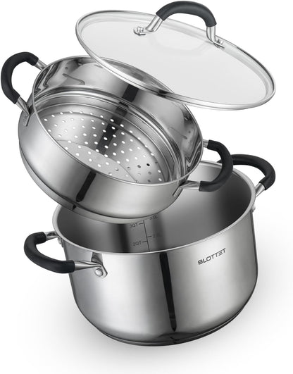 6 Quart Stainless Steel Stock Pot with Steamer,6 Qt Multipurpose Stockpot with Stay-Cool Silicone Handle and Glass Lid,Soup Pot for Cooking1