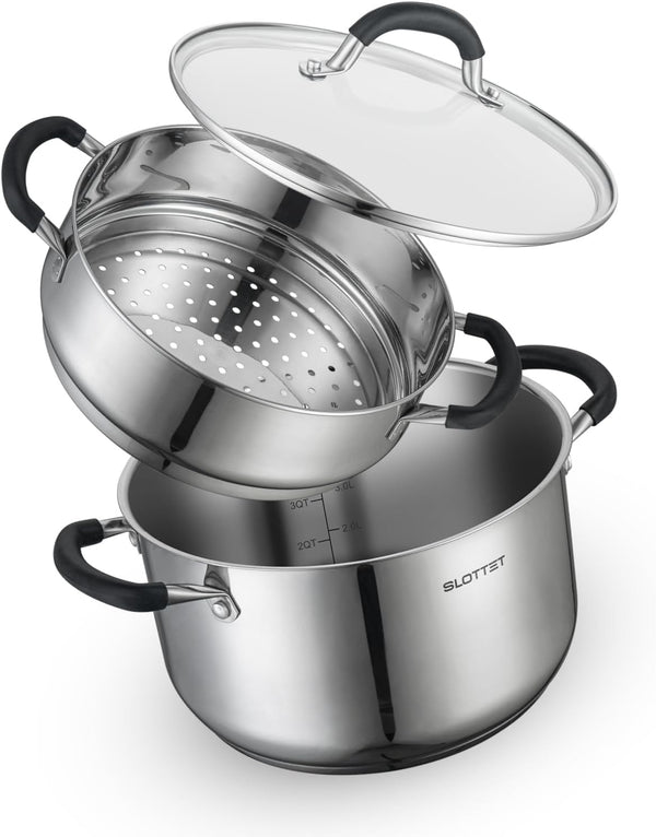 6 Quart Stainless Steel Stock Pot with Steamer,6 Qt Multipurpose Stockpot with Stay-Cool Silicone Handle and Glass Lid,Soup Pot for Cooking1