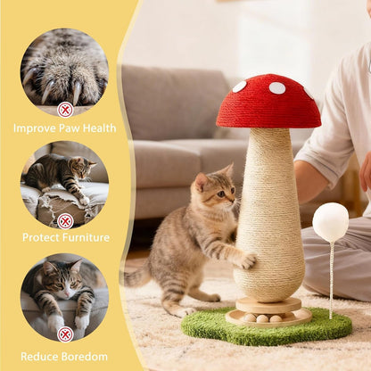 Mushroom Cat Scratcher Tower, Interactive Ball Track Spring Ball Cat Scratching Post, Sisal Kitty Activity Center for Indoor Cats & Kittens, Sturdy Wide Base 25.2 Inch - Red2