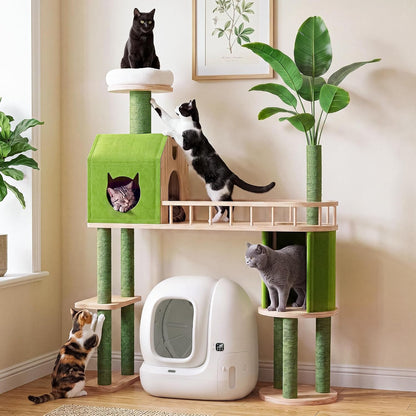 60'' Cat Tree for Automatic Litter Box, for Heavy Cats up to 22Lbs | Solid Wood Large Cat Tower with Tunnel & House, Space-Saving for Indoor Multi-Pet Households, Stops Furniture Scratching11