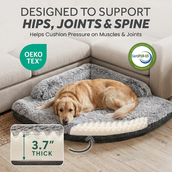 Corner Dog Bed Large, 39" Calming Fluffy Orthopedic Pet Beds, Grey | Space Saving Plush Corner Nest,Egg-Crate Foam, Washable Cover, Waterproof Liner, Non-Slip Bottom and Bolsters for Large Dogs3