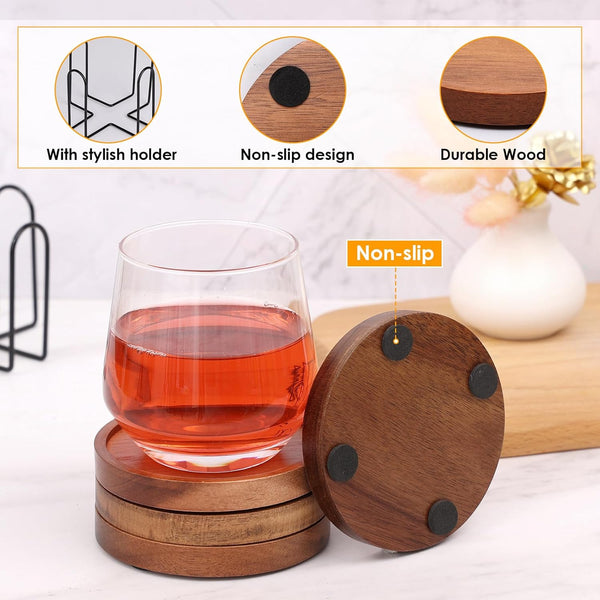4 Pcs Wood Coasters for Drinks Absorbent, Wooden Coasters with Holder, Drink Coasters for Coffee Table, Absorbent Coaster Set for Table Protection Drink Coasters for Farmhouse, Office, Bar3