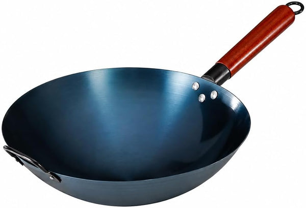 14" Blue Carbon Steel Wok Pan – Pre-Seasoned round Bottom Stir Fry Pan with Wooden Handle & Helper Handle – Chemical-Free Cookware for Gas, Electric & Induction1