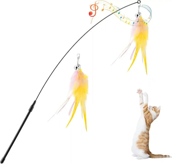 Pawaboo Feather Teaser Cat Toy - Interactive Wand with Extra Long 34.5" Wand and Small Bell, Fun Exerciser Playing Toy for Kittens or Cats, Brown Feather11