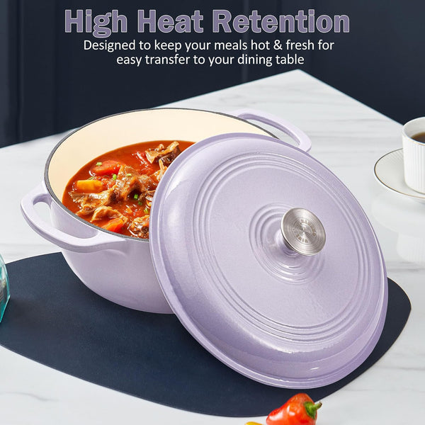 6 Quart Enameled Cast Iron Dutch Oven Pot with Lid Heavy Duty Dutch Oven for Bread Baking Braising Stews Roasting Oven Safe up to 500°F Dual Handles Purple (Purple)7