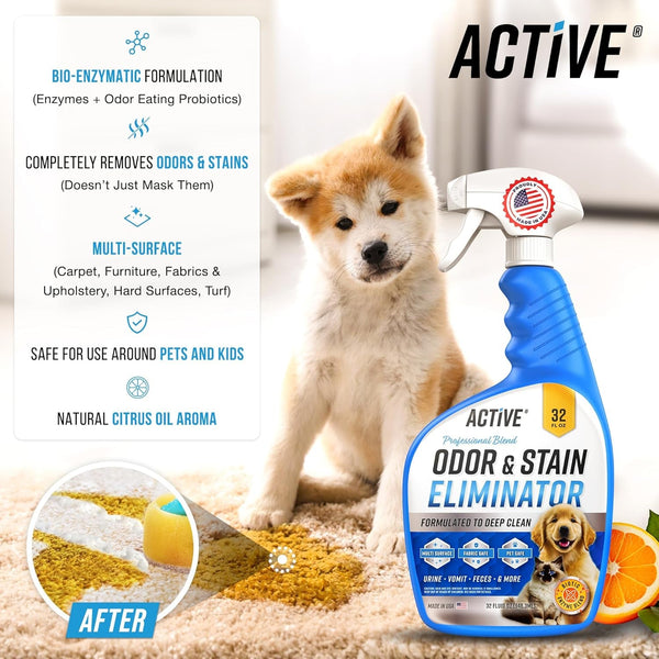 Pet Odor and Stain Eliminator - 32 Oz ACTIVE Enzyme Cleaner for Dog & Cat Urine, Stain Remover Spray for Carpet, Upholstery, Hardwood, Spot Cleaning, Deodorizer for Dogs Cats Pets - Natural Citrus Oil2