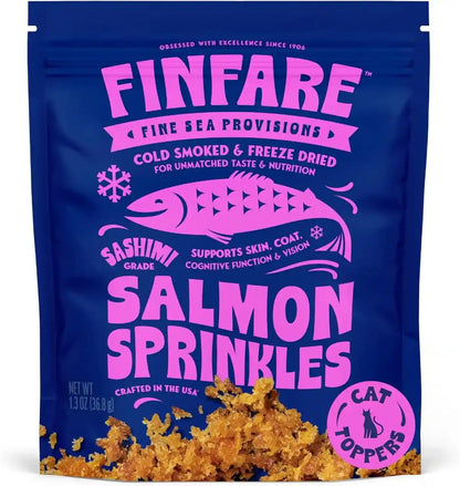 Finfare Freeze Dried Cat Food Toppers, Salmon Sprinkles, Grain Free Meal Toppers for Cats to Support Taste & Nutrition - High Protein & Omega-3S, Crafted in USA, 1.3Oz1