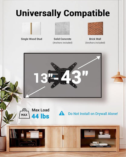 Full Motion TV Wall Mount for Echo Show 21/15 and 13-43 Inch Flat Curved Screen Tvs & Monitors, Max VESA 200X200Mm up to 44Lbs, TV Mount Wall Bracket with Rotation Swivel Tilt Extension2