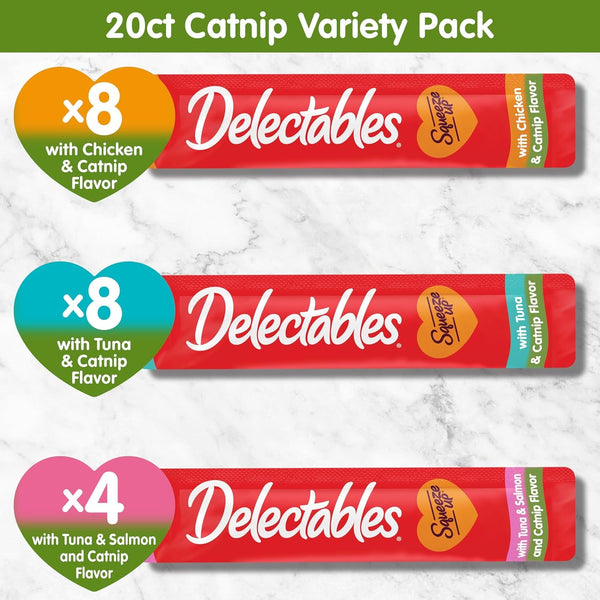Delectables Squeeze up Catnip Variety Pack, Creamy Squeezable Puree, Lickable Wet Cat Treats, Grain Free, No Added Fillers, No By-Products, No Added Preservatives, 0.5 Ounces Tube, 20 Tubes Total7