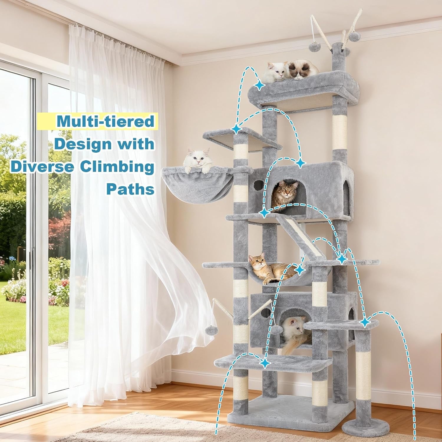 hey-brother-cat-tree-tower-with-sturdy-supporting-posts-2-condos-mpj082w-82-7-inches-multi-level-cat-tower-with-5-teaser-toys-sisal-scratching-posts-large-bed-hammock-for-indoor-cats-light-gray