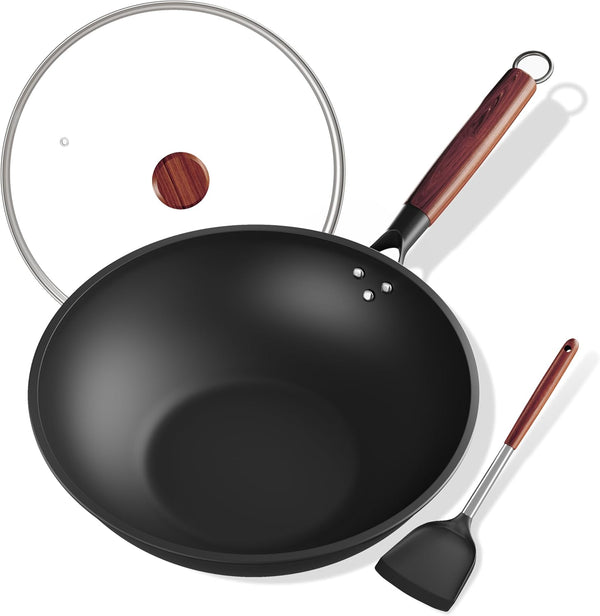 Carbon Steel Wok Pan, Natural Non-Stick Woks & Induction Wok with Removable Wood Handle, Glass Lid & Spatula - for All Stovetops, Stir-Fry, Searing1