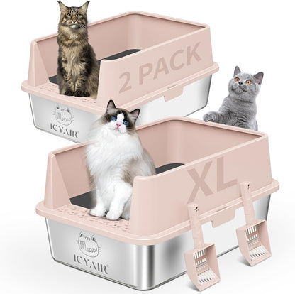 2PACK Stainless Steel Cat Litter Box with High Sides Lid, Extra Large XL Litter Box for Big Cats, Metal Kitty Litter Boxes with Anti-Leakage Enclosure,Non-Stick,Odorless,Scoop Included8