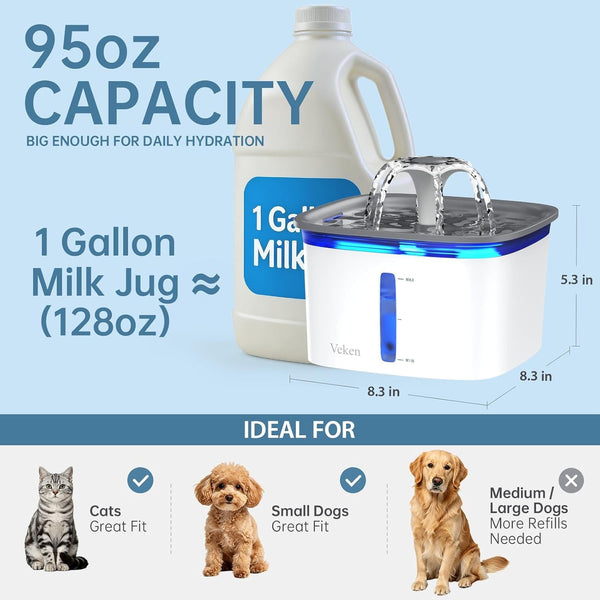 Veken Innovation Award Winner 95Oz/2.8L Cat Water Fountain | Automatic Pet Fountain Dog Water Dispenser with Replacement Filters & Silicone Mat, Gift for Cats, Dogs, Multiple Pets (Grey)3