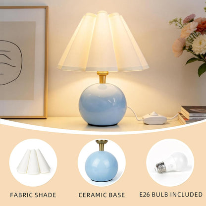Small Bedside Table Lamp, 11.8'' Ceramic Stepless Dimmable Lamp (Blue) | with Scalloped Fabric Shade for Nightstand & Living Room. Perfect for Quiet Nights to Create a Cozy, Relaxing Atmosphere8