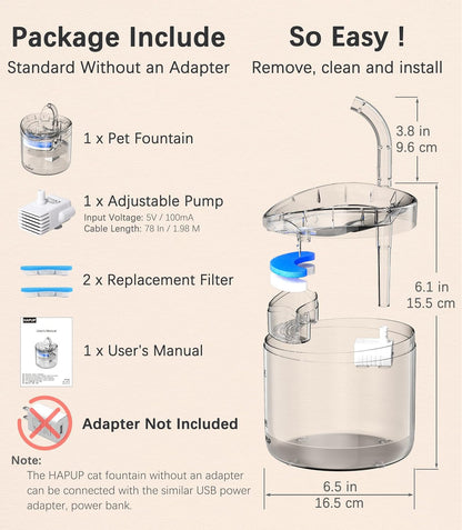 HAPUP Cat Water Fountain Animal Water Dispenser 61OZ/1.8L Automatic Pet Drinking Fountain Clear Upgrade with 2 Filter Replacement 1 Adjustable Silent 1 Water Pump for Cats Kitty Indoor6