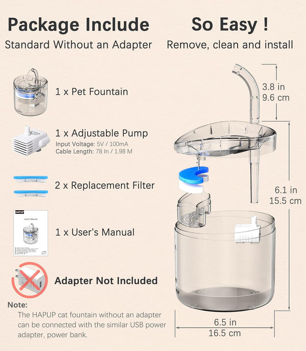 HAPUP Cat Water Fountain Animal Water Dispenser 61OZ/1.8L Automatic Pet Drinking Fountain Clear Upgrade with 2 Filter Replacement 1 Adjustable Silent 1 Water Pump for Cats Kitty Indoor6