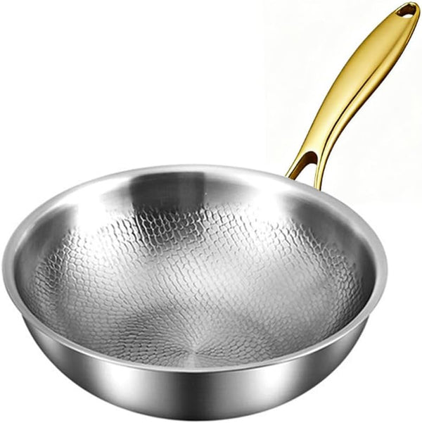 Titanium Hammered Wok, No Coating Non Stick Titanium Cookware, Durable Scratch-Resistant Titanium Frying Pans, Even Heating for Cooking with All Cooktops, Dishwasher Safe,No Lid,10.23In1