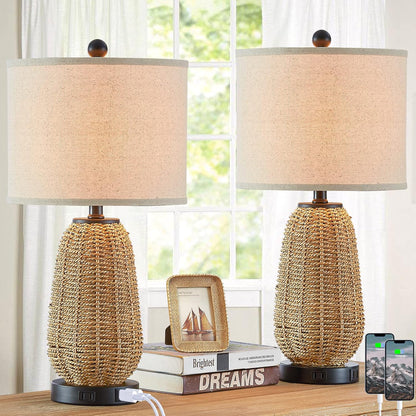 Touch Control Rattan Table Lamps, 3 Way Dimmable Bedside Lamps for Bedroom Set of 2 with 2 USB Ports and AC Outlet, Nightstand Lamps for Living Room (LED Bulbs Included), Grass1