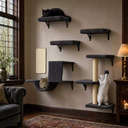 Cat Wall Shelves for Large Cats, Stable & Safe Kitty Walls Furniture Set for 40LBS Cats with Wooden Cat Climber,House, Bridge, Tree, Steps, and Scratcher for 16 Inch Drywall (Grey, 5-In-1)11