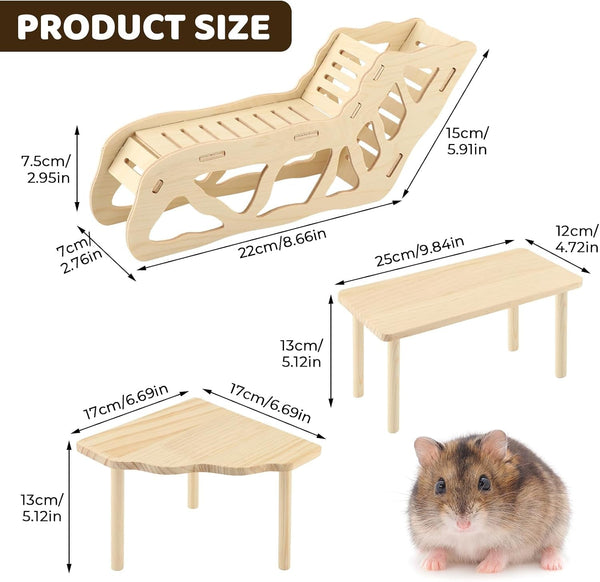 3 Pack Wooden Hamster Play Platform, 3-In-1 Natural Small Pet Playground with Tunnel, Ladder & Hidden Rest Area, Wooden Support Column Cage Accessories for Hamsters, Squirrels & Tiny Pets2