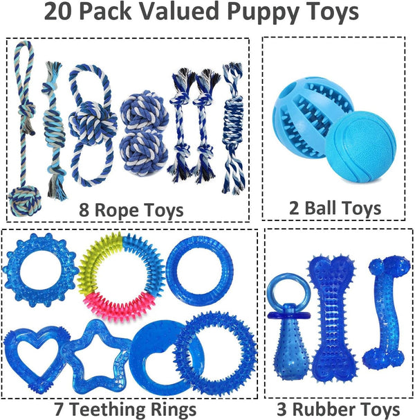 20 Pack Puppy Teething Chew Toys for Small Dogs, Bulk Dog Toys for Puppies | Mixed Blue Rubber Rings, Ropes & Balls, Puppy Teething & Dental Care, Relieves Puppy Boredom, Stops Destructive Chewing2