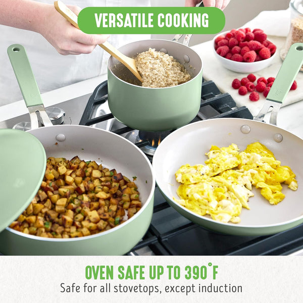 10-Piece Nonstick Ceramic Cookware Set, Lightweight Healthy Pfas-Free Pots & Pans with Lids, Dishwasher & Oven Safe, Durable Body, Silicone Stay-Cool Handles, Easy Release, Sage Green6