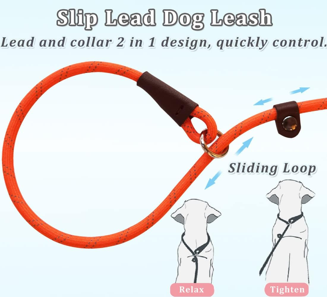 wyuze-8ft-slip-lead-dog-leash-adjustable-slip-collar-puppy-training-lead-2-pack-1-3-reflective-rope-leash-lightweight-easy-use-for-small-medium-dogs-no-pull-walking-black-orange