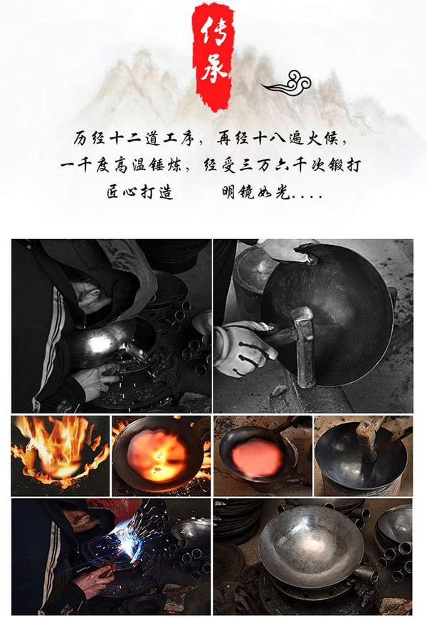 Chinese 100% Hand Hammered Iron Woks Stir Fry Pans, Non-Stick, No Coating, Less Oil, 34CM, Black Seasoned Wooden Handle, Masterchef4