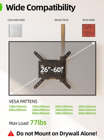 TV Wall Mount for Most 26-60 Inch Tvs up to 77 Lbs, Full Motion Wall Mount TV Bracket with Swivel Tilt Single Stud Design for Corner, Max VESA 400X400Mm Fit Most 32 40 42 43 50 55 60 Tvs2