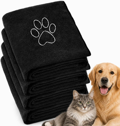 Chumia 4 Pack Dog Towels for Drying Large Microfiber Grooming Tools Absorbent Soft Bath Supplies with Embroidered Paw for Small Medium Pet Products(16 X 32 Inch,Black)14