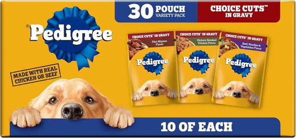 Pedigree Choice Cuts Wet Dog Food Pouch, Protein Variety, 3.5 Oz, 30 Count | Beef, Chicken & Filet Mignon, No Added Sugars or Artificial Flavors, 36 Vitamins & Minerals, 50%+ Water, Complete & Balanced1