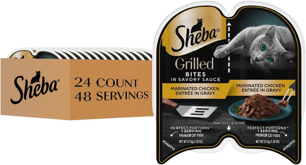 Sheba Perfect Portions Grilled Bites Wet Cat Food, Tuna, 2.6 Oz, 24 Ct | Real Tuna, Snap-Peel-Serve Twin-Pack Trays, Zero Leftovers, Shredded Grilled Strips, Aafco-Compliant, 48 Servings9