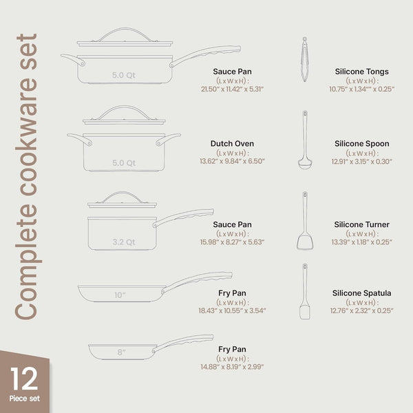 Bakken 12-Piece Ceramic Cookware Set, Nonstick Pots and Pans Set, Non-Toxic PTFE & Pfas-Free Cookware with Silicone Utensils, Induction & All Stovetops Compatible, Dishwasher Safe, Blue2
