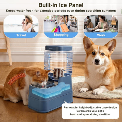 2 Pack Automatic Cat Feeder and Water Dispenser 1.3Gallon Dog Gravity Food Feeder and Water with Ice Pack Stainless Steel Dry Food and Waterer Bowl for Small Medium Large Pets (Blue)6
