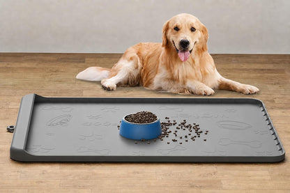 Dog Food Mat 36"X24" - Silicone Dog Mat for Food and Water Large Pet Feeding Mats with Residue Collection Pocket - Waterproof Dog Cat Bowl Mat with High Edges to Prevent Water Food Spills (Gray)1