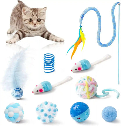 MALLMALL6 10Pcs Cat Toy Set Interactive Cat Toys Pack Including Feather Teaser Wand Cat Springs Mice Crinkle Balls and Pet Bell Balls, Puzzle Toys for Indoor Cats Gift (Pink)9