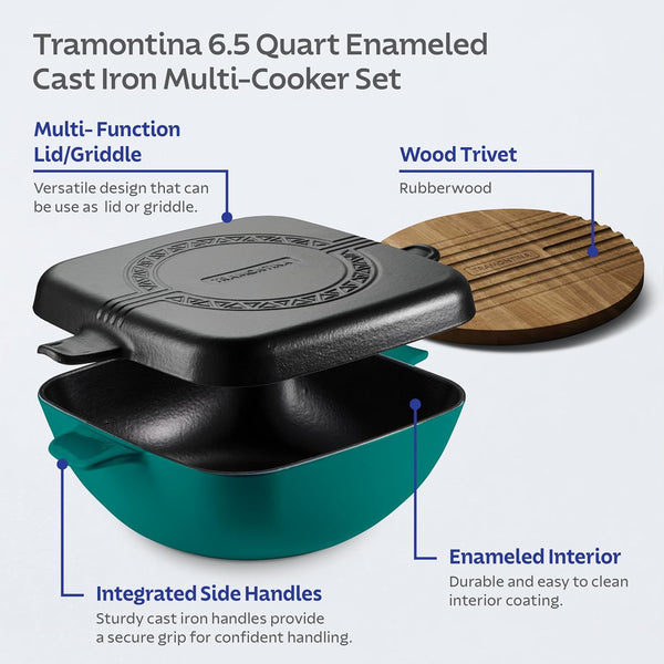Cultura 2-In-1 Enameled Cast Iron 6.5-Qt Dutch Oven and Griddle | Oven Safe Pot with Reversible Lid Griddle and Trivet - Great for Braising, Roasting and Bread Baking - Teal Green3