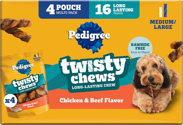 Pedigree Twisty Chews Medium/Large Dog Treats, Chicken & Beef, 16 Count | Long-Lasting Dental Chews, Rawhide-Free, Twisted Design, Helps Clean Teeth, Easy to Digest, Includes 4 Packs of 4 Treats1