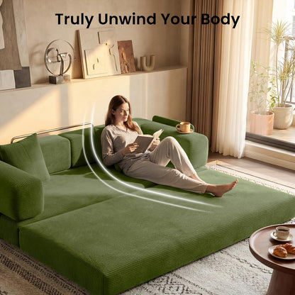 78.8" Convertible Futon Sofa Bed, Boneless Couch for Living Room | Corduroy Boneless Loveseat Sleeper Sofa, Modular Futon Couch with Storage Pocket, Pull Out Couch No Assembly | Green5