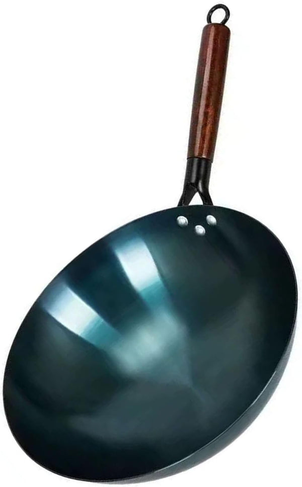 Iron Wok Stir Fry Pan, Chinese Traditional round Bottom Uncoated Nonstick Wok Wooden Single Handleiron Pot for Home and Restaurant(34Cm)8