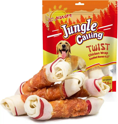 Jungle Calling Chicken Wrapped Rawhide Knot Bones, Long Lasting Dog Chews | 6.5 Inch Rawhide Bones for Medium & Large Dogs, High Protein Beefhide Training Dog Treats, Teeth Cleaning, 10.6 Oz1