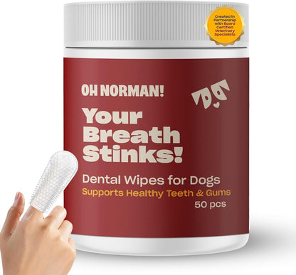 OH NORMAN! Dog Dental Finger Wipes, Fresh Breath, Vet Developed, 50 Ct | Vet-Reviewed Finger Wipes with Peppermint & Green Tea Extract Remove Plaque & Freshen Breath. No-Fuss Dental Cleaning1
