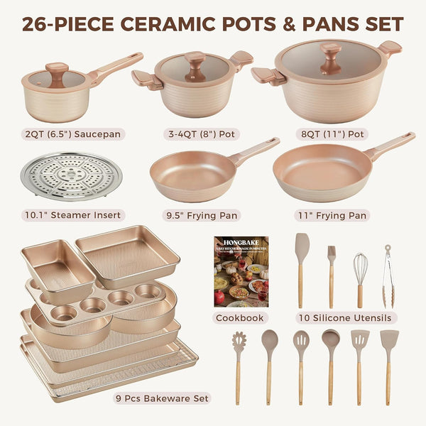 Pots and Pans Set Nonstick, 26 Pcs All-In-One Kitchen Starter Set with Cookware, Bakeware & Silicone Utensils, Non Toxic Ceramic Coating, Induction & Oven Safe, PFOA PFOS Free, Gold4