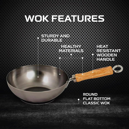 Carbon Steel Mini Wok, 8-Inch, Flat Bottom Chinese Stir Fry Pan with Rubberwood Handle for Single-Serve Stir Fry, Fried Rice, Noodles, and Asian Cooking3