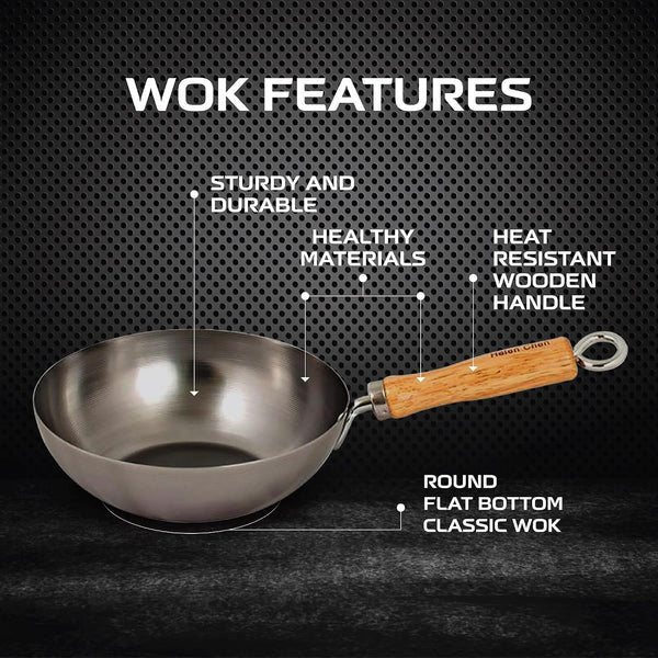 Carbon Steel Mini Wok, 8-Inch, Flat Bottom Chinese Stir Fry Pan with Rubberwood Handle for Single-Serve Stir Fry, Fried Rice, Noodles, and Asian Cooking3