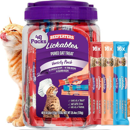 Beefeaters Lickable Cat Treats 48 Count – Puree Squeeze up Tubes Variety Pack (Salmon, Tuna & Chicken) | Grain Free, Taurine Enriched, High Moisture for Picky Eaters | Cat Treat Topper or Snack1