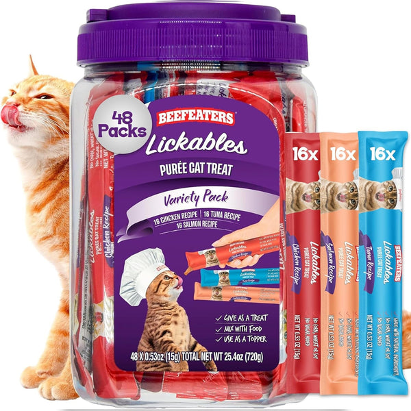 Beefeaters Lickable Cat Treats 48 Count – Puree Squeeze up Tubes Variety Pack (Salmon, Tuna & Chicken) | Grain Free, Taurine Enriched, High Moisture for Picky Eaters | Cat Treat Topper or Snack1