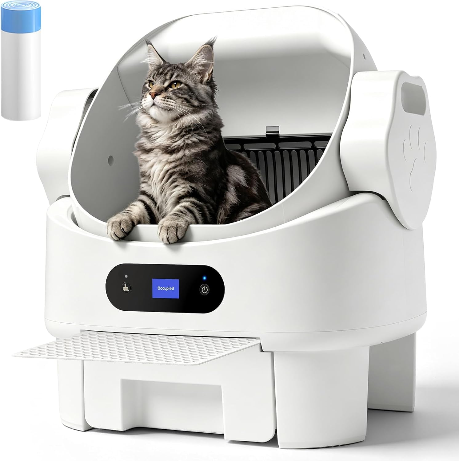 self-cleaning-cat-litter-box-ultra-quiet-anti-pinch-display-8l-waste-bin-splash-proof-design-automatic-multi-cat-friendly-detachable-step-easy-install-washable-parts-modern-style-white-garbage-bag