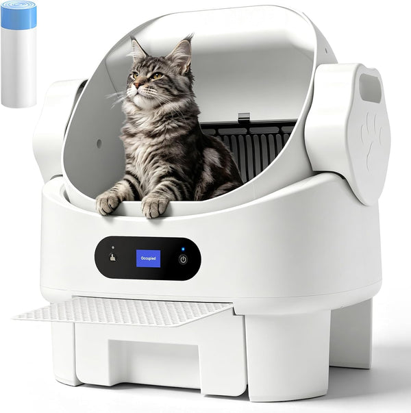 Self Cleaning Cat Litter Box,Ultra-Quiet,Anti-Pinch,Display,8L Waste Bin | Splash-Proof Design,Automatic,Multi-Cat Friendly,Detachable Step,Easy Install,Washable Parts,Modern Style,White,Garbage Bag1
