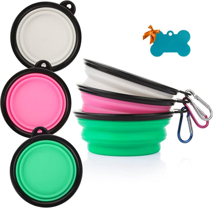 Collapsible Silicone Dog Bowls, 3-Pack Travel Pet Food Water Bowls | Orange, Green & Blue. 5.1 in Wide, 2.1 in Tall, Folds to 0.5 In. Holds 12 Oz Water or 1.5 Cups Food. Includes ID Tag.8